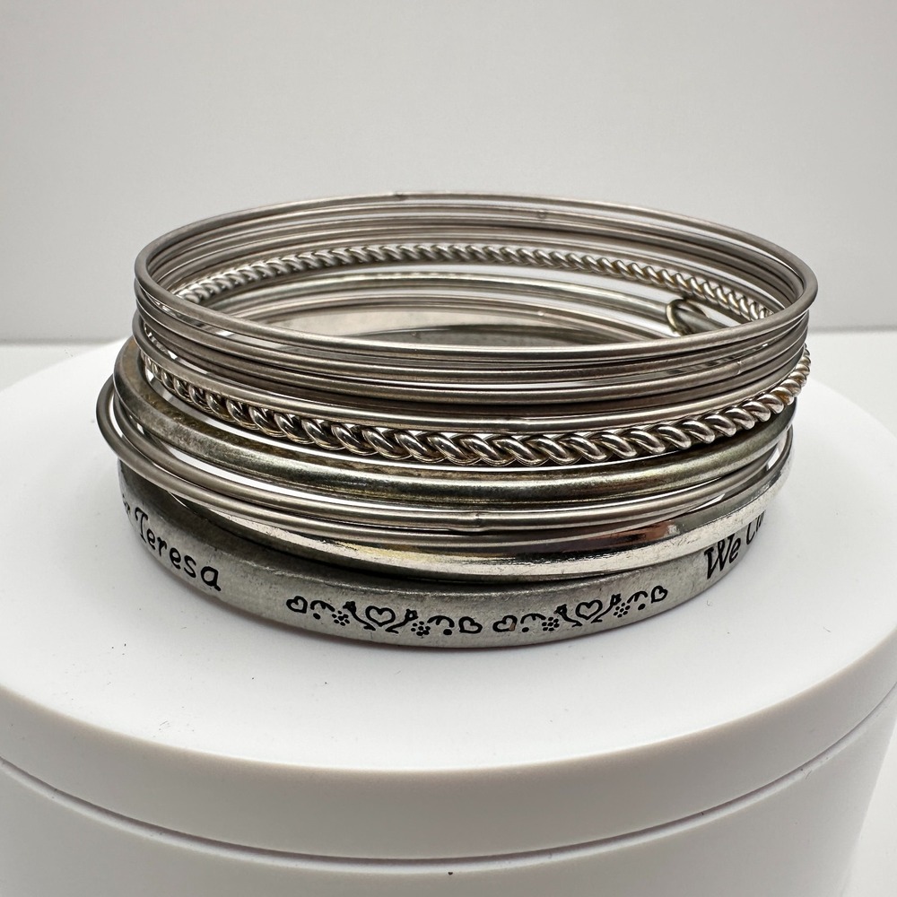 Vintage 90s Mother Teresa Engraved Bracelet Set Silver Tone Women's Jewelry